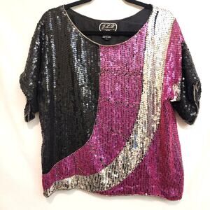 Vintage 100% Silk Sequin Short‑Sleeve Top L Pink Silver Gold Wave Party Blouse
